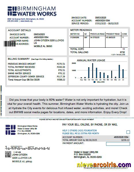 United Kingdom Birmingham Water utility bill, version 2